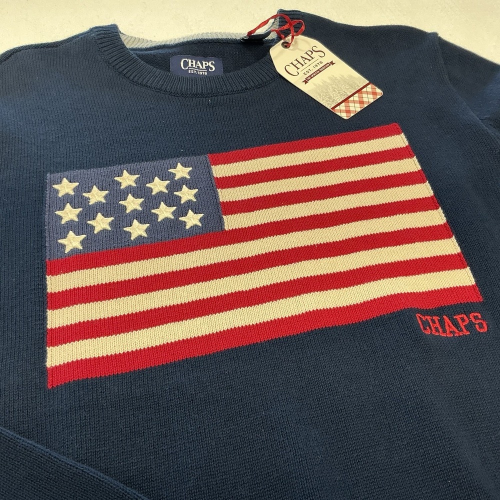 Chaps Men's Navy Knit Cotton Pullover Sweater Crew Neck USA Flag Logo Size L - Picture 4 of 5